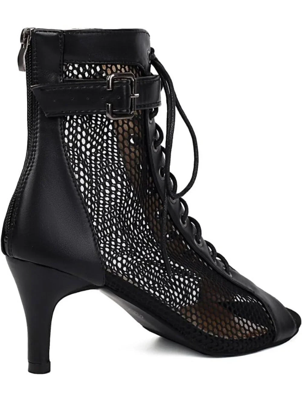 Womens Black Buckle Lace Up Mesh Sandals Peep Toe High Heel Ankle Boots